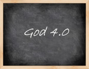 God 4.0 written in chalk on a chalkboard.